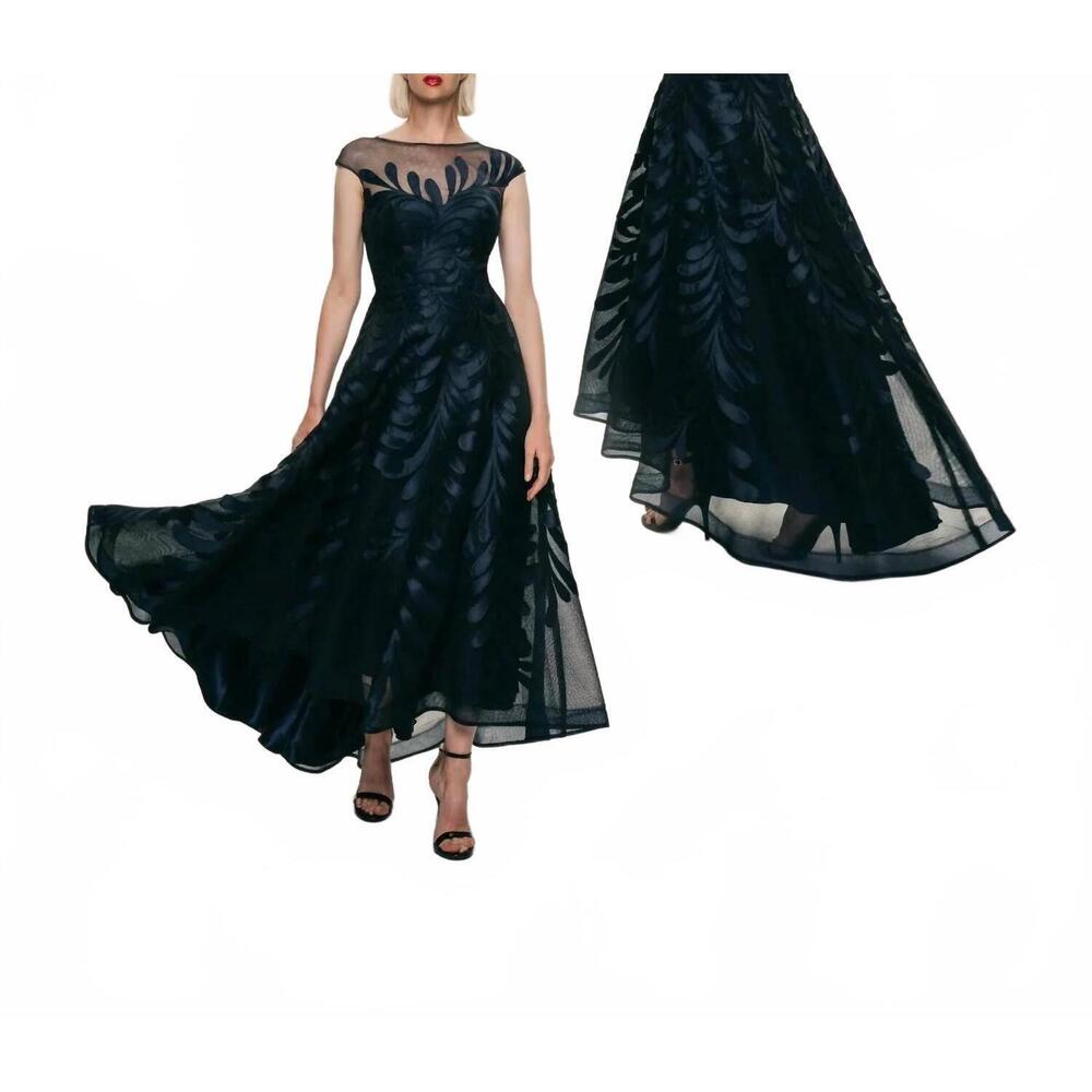 NEW HYNES PARK floral applique high low gown in black